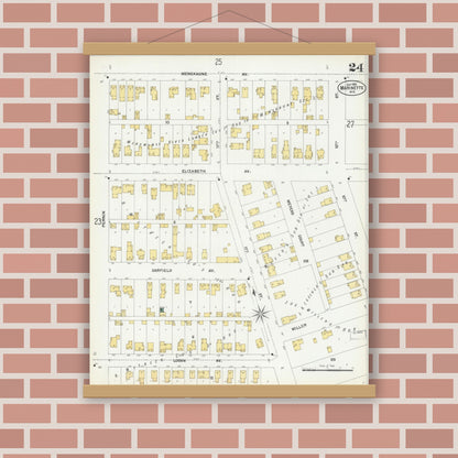 Old map wall art mockup — magnetic wood frame on brick wall — Sanborn Fire Insurance Map from Marinette, Marinette County, Wisconsin (1901), Sheet #0024