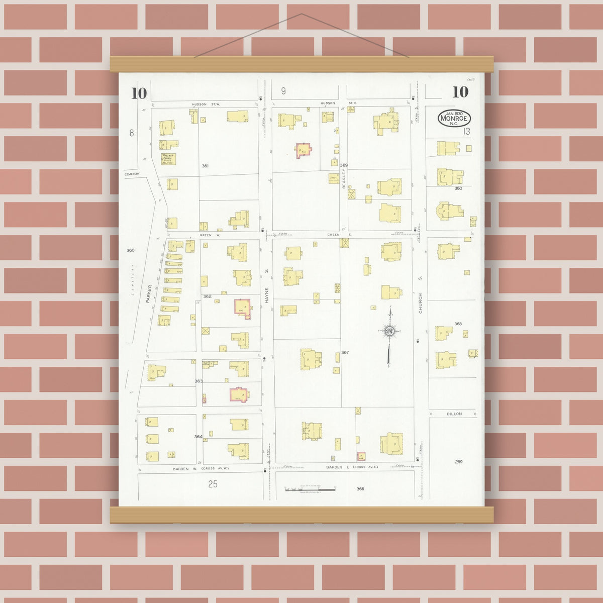 Old map wall art mockup — magnetic wood frame on brick wall — Sanborn Fire Insurance Map from Monroe, Union County, North Carolina (1930), Sheet #0010