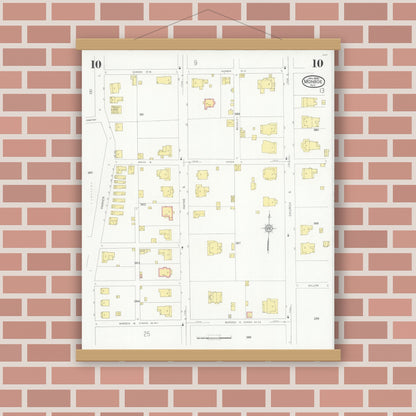 Old map wall art mockup — magnetic wood frame on brick wall — Sanborn Fire Insurance Map from Monroe, Union County, North Carolina (1930), Sheet #0010