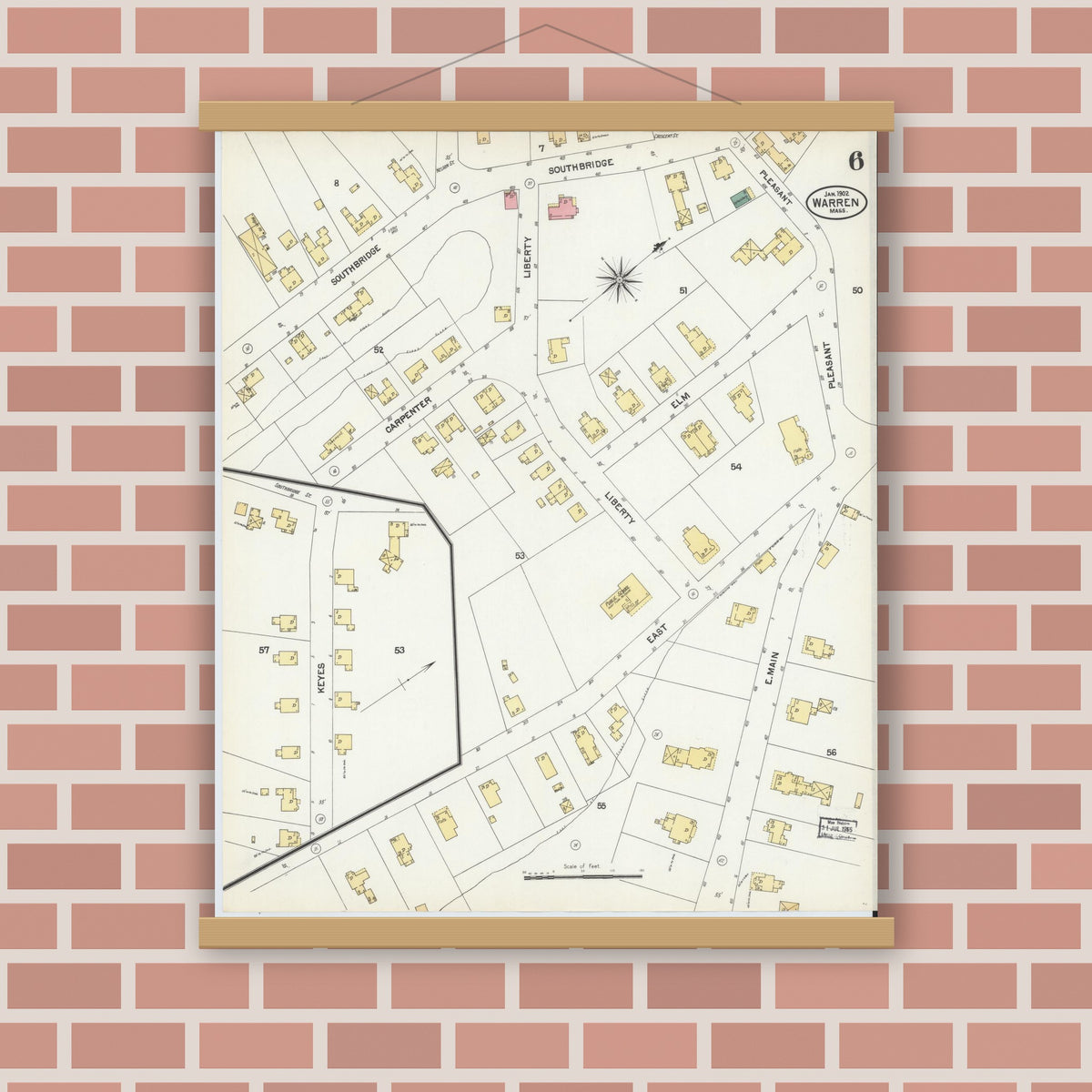 Old map wall art mockup — magnetic wood frame on brick wall — Sanborn Fire Insurance Map from Warren, Worcester County, Massachusetts (1902), Sheet #0006