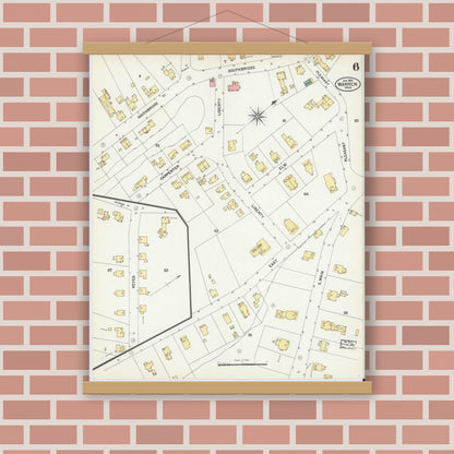 Old map wall art mockup — magnetic wood frame on brick wall — Sanborn Fire Insurance Map from Warren, Worcester County, Massachusetts (1902), Sheet #0006