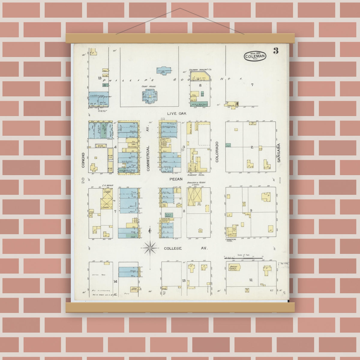 Old map wall art mockup — magnetic wood frame on brick wall — Sanborn Fire Insurance Map from Coleman, Coleman County, Texas (1893), Sheet #0003