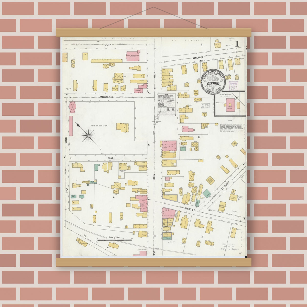 Old map wall art mockup — magnetic wood frame on brick wall — Sanborn Fire Insurance Map from Girard, Erie County, Pennsylvania (1904) - Complete Map Set