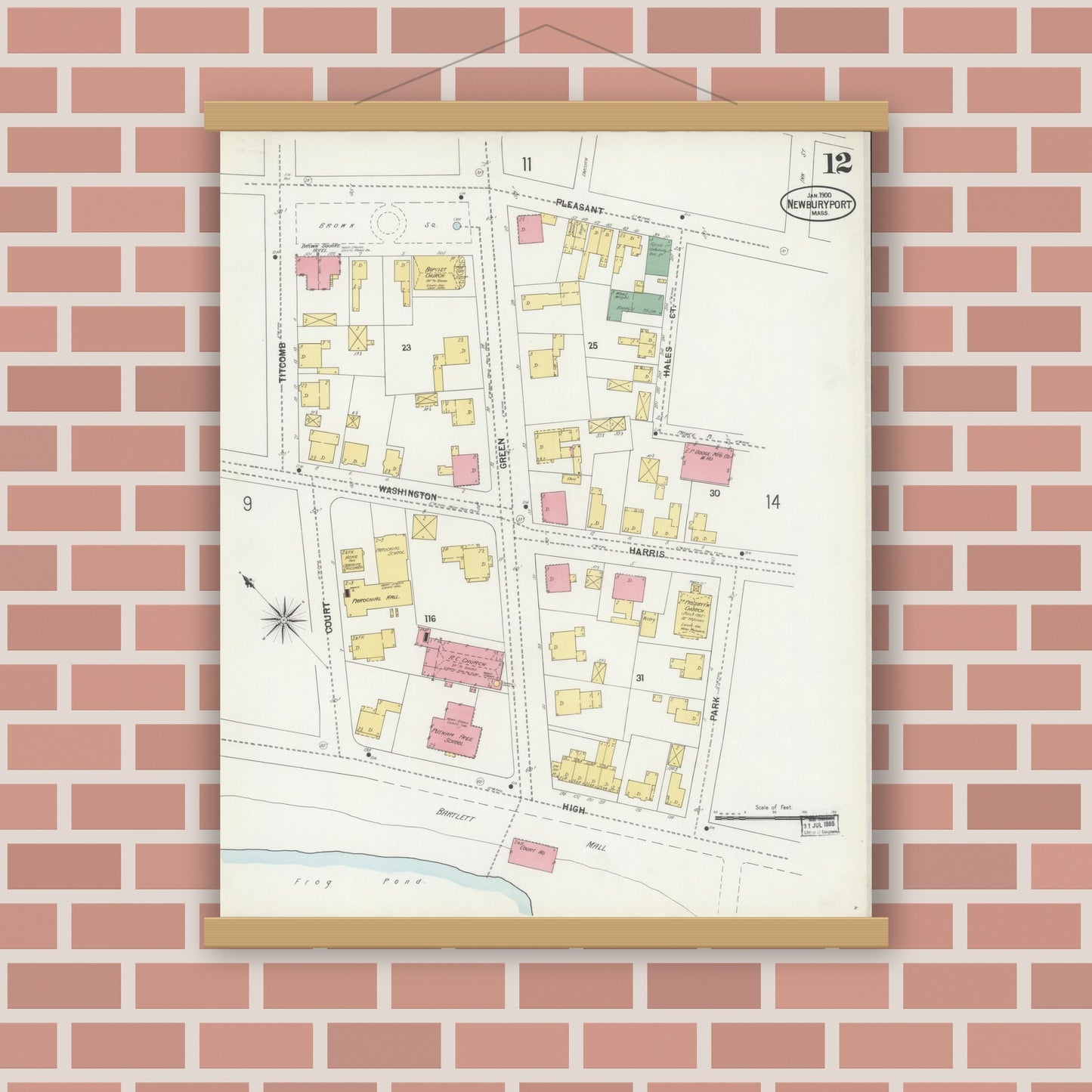 Old map wall art mockup — magnetic wood frame on brick wall — Sanborn Fire Insurance Map from Newburyport, Essex County, Massachusetts (1900), Sheet #0012
