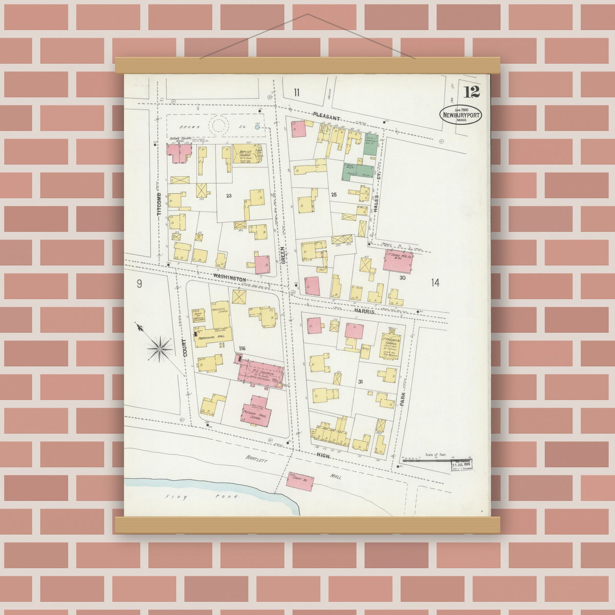 Old map wall art mockup — magnetic wood frame on brick wall — Sanborn Fire Insurance Map from Newburyport, Essex County, Massachusetts (1900), Sheet #0012