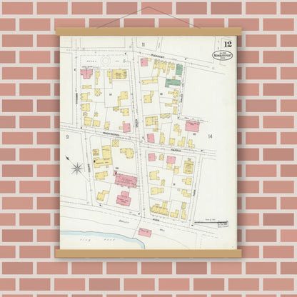 Old map wall art mockup — magnetic wood frame on brick wall — Sanborn Fire Insurance Map from Newburyport, Essex County, Massachusetts (1900), Sheet #0012