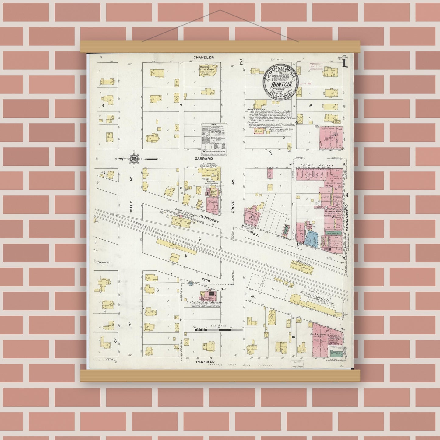 Old map wall art mockup — magnetic wood frame on brick wall — Sanborn Fire Insurance Map from Rantoul, Champaign County, Illinois (1910) - Complete Map Set