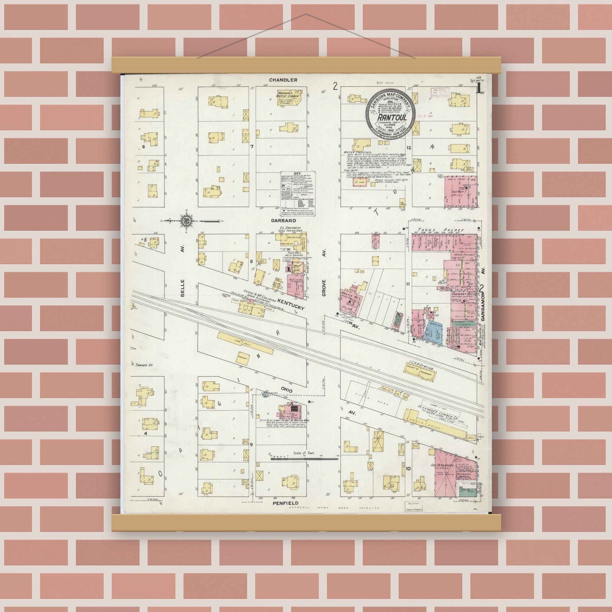 Old map wall art mockup — magnetic wood frame on brick wall — Sanborn Fire Insurance Map from Rantoul, Champaign County, Illinois (1910) - Complete Map Set