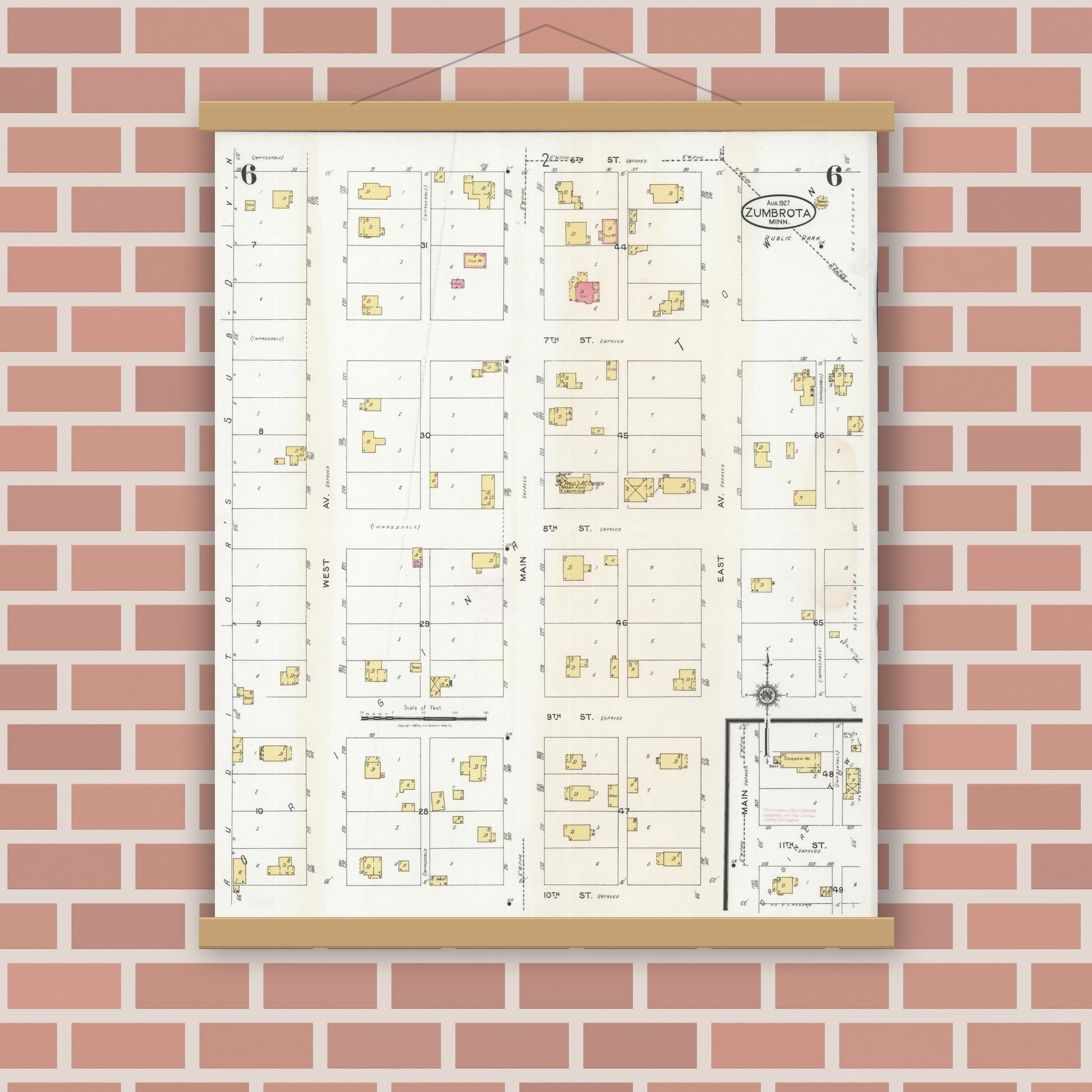 Old map wall art mockup — magnetic wood frame on brick wall — Sanborn Fire Insurance Map from Zumbrota, Goodhue County, Minnesota (1927), Sheet #0006