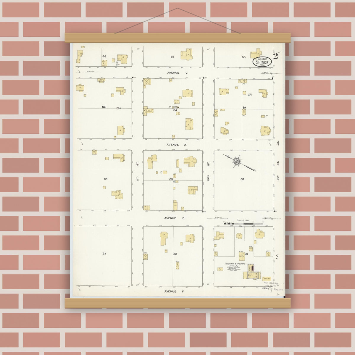 Old map wall art mockup — magnetic wood frame on brick wall — Sanborn Fire Insurance Map from Shiner, Lavaca County, Texas (1912), Sheet #0002