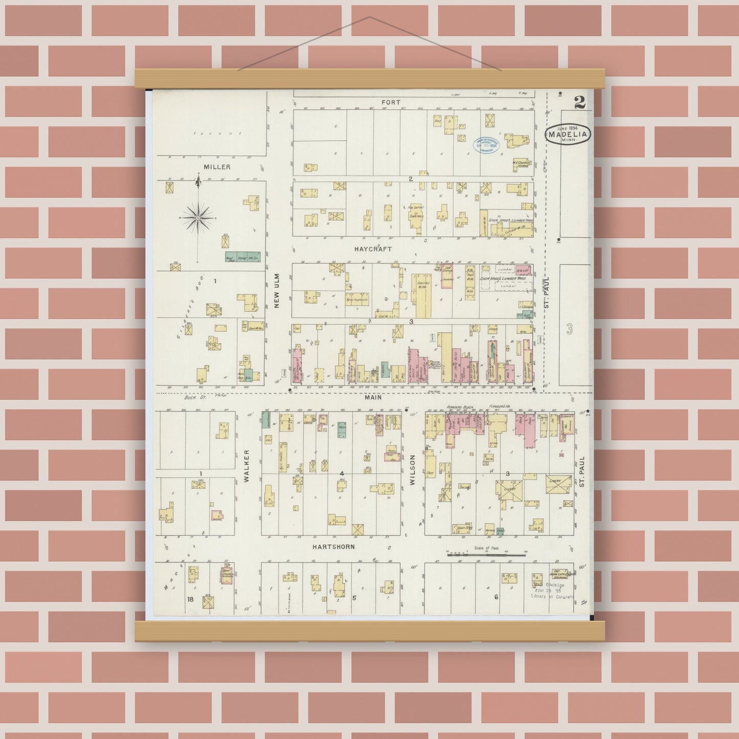 Old map wall art mockup — magnetic wood frame on brick wall — Sanborn Fire Insurance Map from Madelia, Watonwan County, Minnesota (1894), Sheet #0002