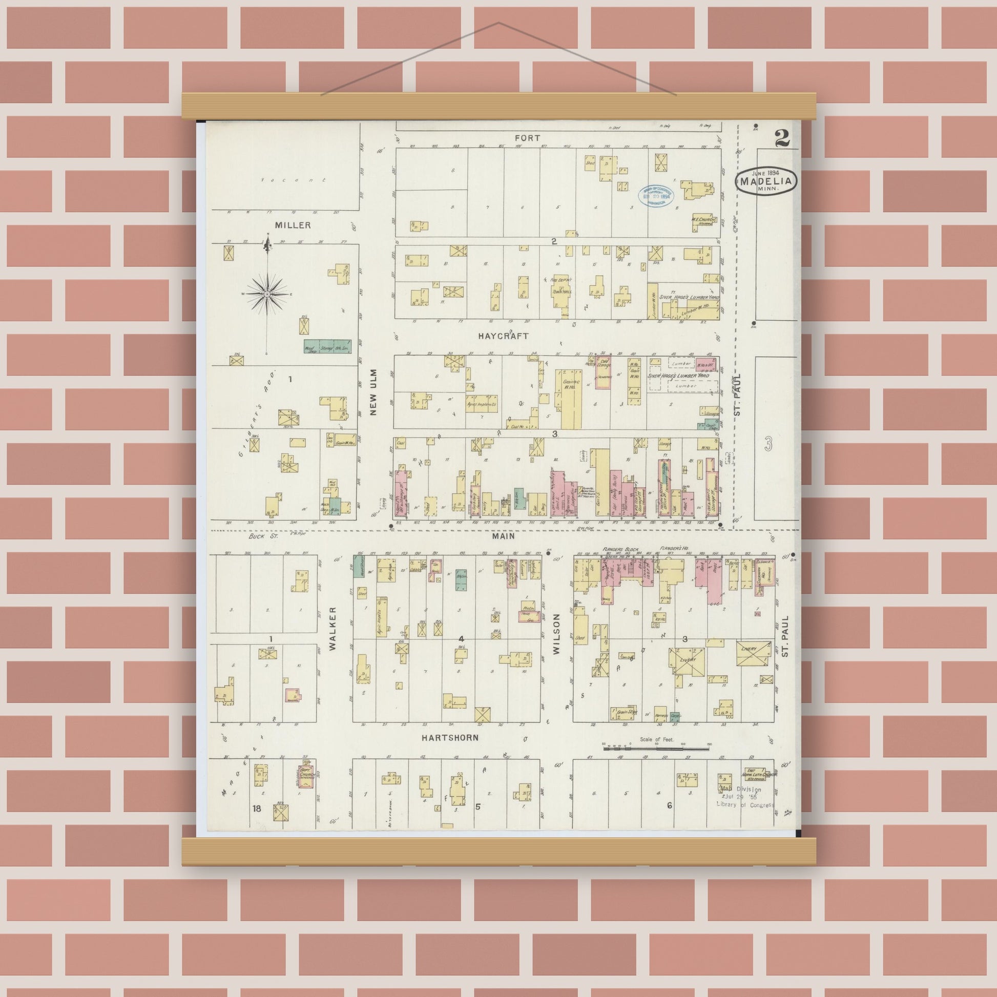 Old map wall art mockup — magnetic wood frame on brick wall — Sanborn Fire Insurance Map from Madelia, Watonwan County, Minnesota (1894), Sheet #0002