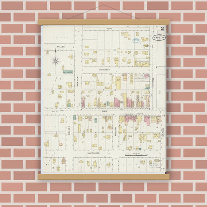 Old map wall art mockup — magnetic wood frame on brick wall — Sanborn Fire Insurance Map from Madelia, Watonwan County, Minnesota (1894), Sheet #0002