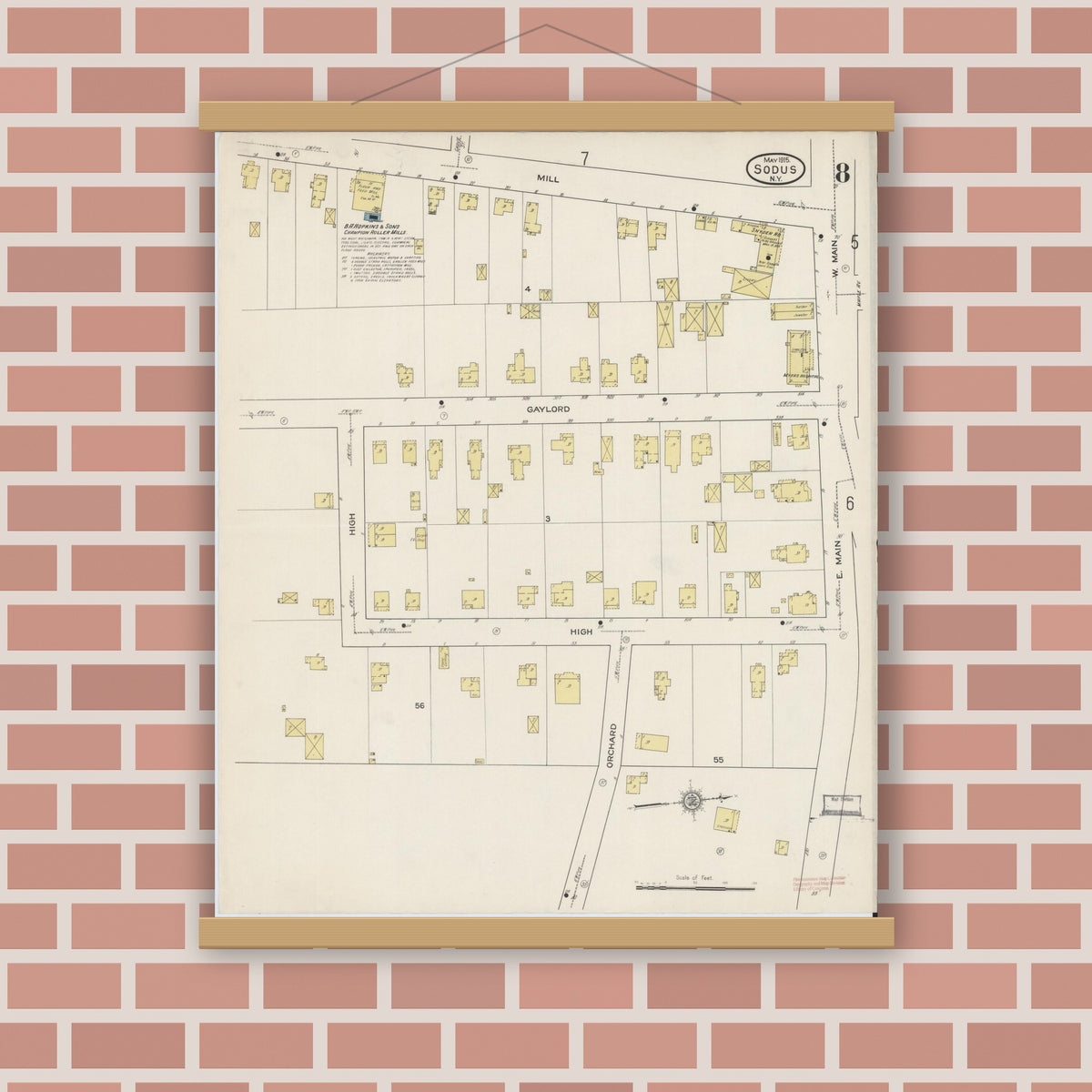 Old map wall art mockup — magnetic wood frame on brick wall — Sanborn Fire Insurance Map from Sodus, Wayne County, New York (1915), Sheet #0008