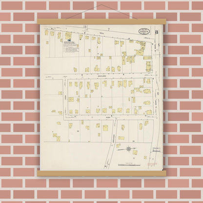 Old map wall art mockup — magnetic wood frame on brick wall — Sanborn Fire Insurance Map from Sodus, Wayne County, New York (1915), Sheet #0008