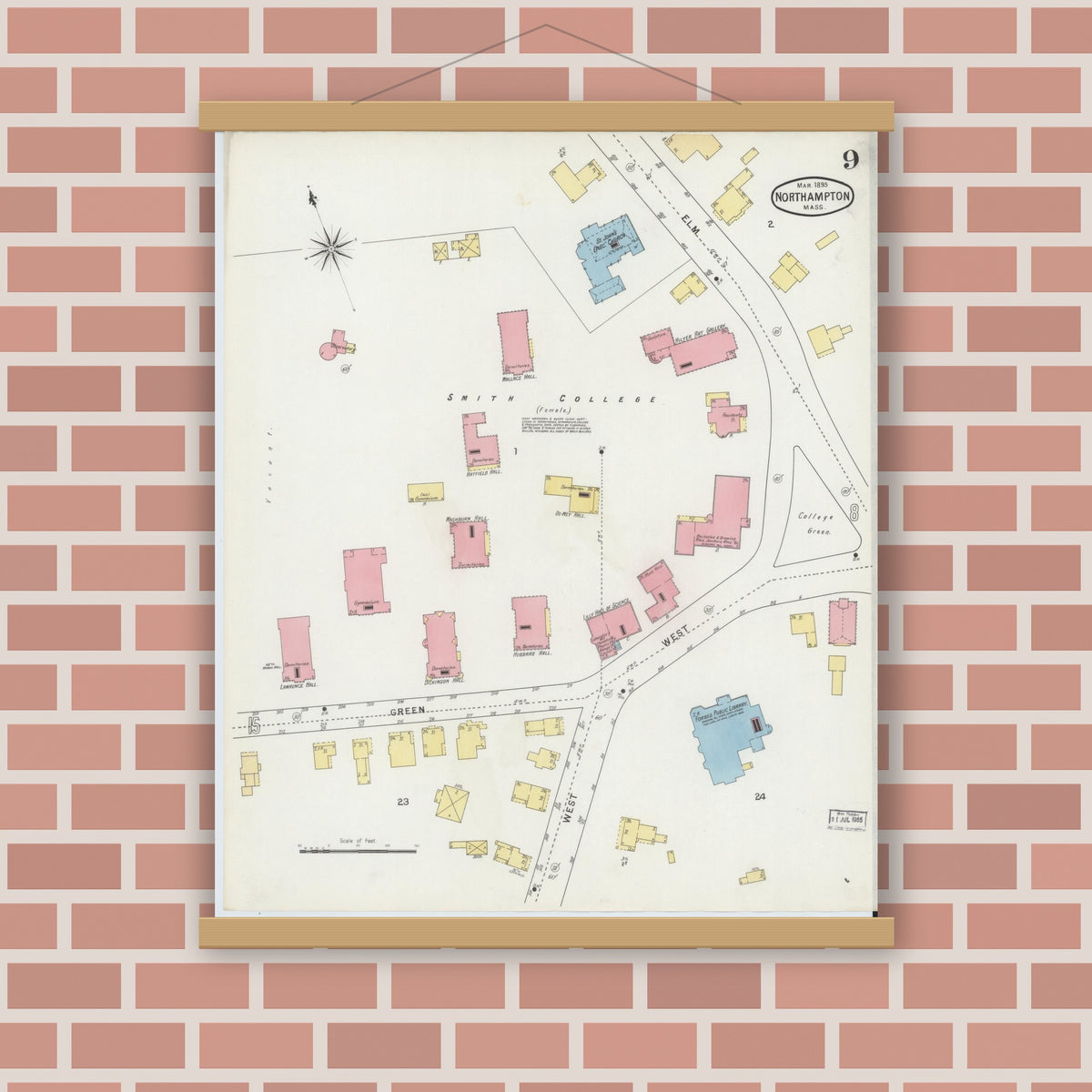 Old map wall art mockup — magnetic wood frame on brick wall — Sanborn Fire Insurance Map from Northampton, Hampshire County, Massachusetts (1895), Sheet #0009