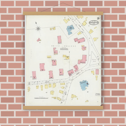 Old map wall art mockup — magnetic wood frame on brick wall — Sanborn Fire Insurance Map from Northampton, Hampshire County, Massachusetts (1895), Sheet #0009