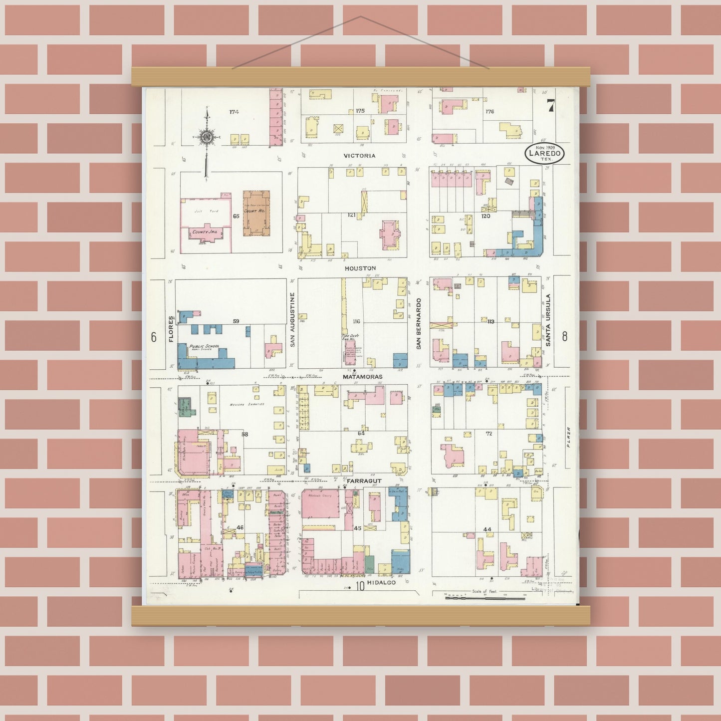 Old map wall art mockup — magnetic wood frame on brick wall — Sanborn Fire Insurance Map from Laredo, Webb County, Texas (1909), Sheet #0007