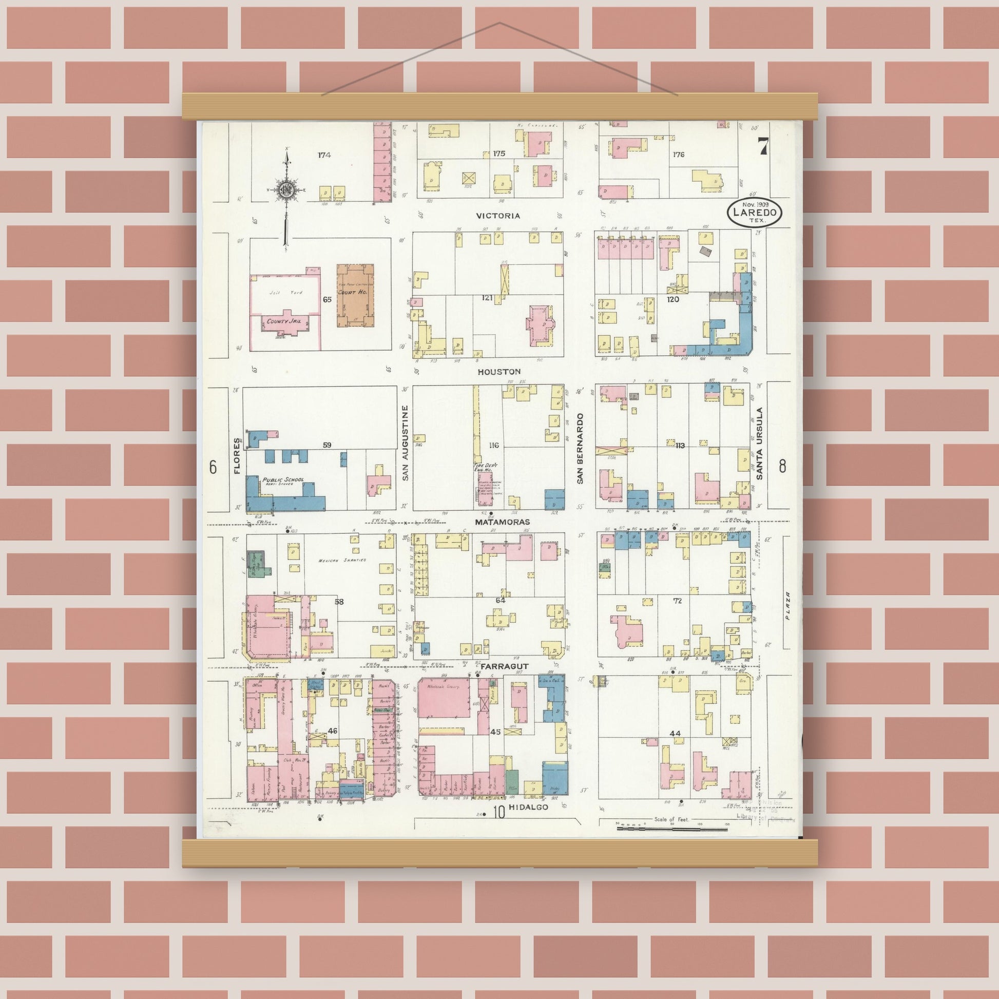 Old map wall art mockup — magnetic wood frame on brick wall — Sanborn Fire Insurance Map from Laredo, Webb County, Texas (1909), Sheet #0007