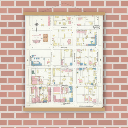 Old map wall art mockup — magnetic wood frame on brick wall — Sanborn Fire Insurance Map from Laredo, Webb County, Texas (1909), Sheet #0007
