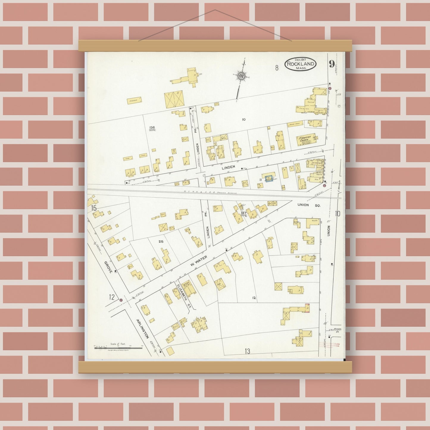 Old map wall art mockup — magnetic wood frame on brick wall — Sanborn Fire Insurance Map from Rockland, Plymouth County, Massachusetts (1917), Sheet #0009
