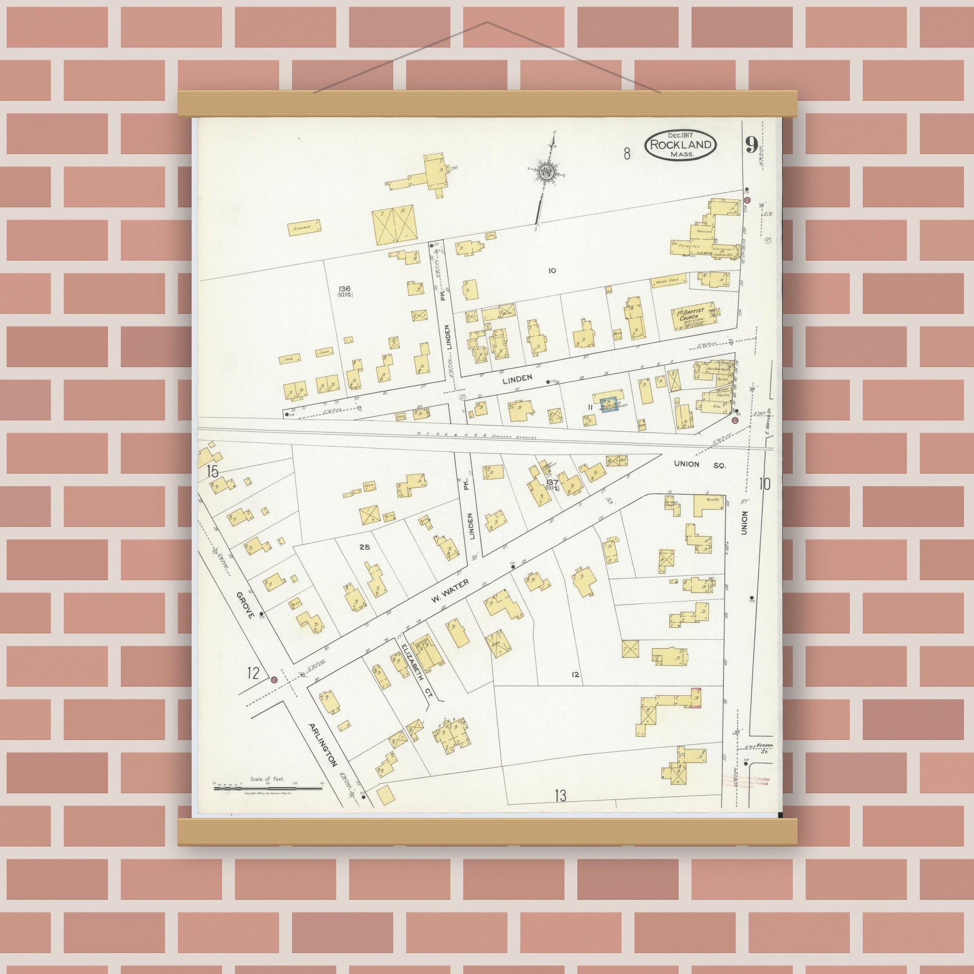 Old map wall art mockup — magnetic wood frame on brick wall — Sanborn Fire Insurance Map from Rockland, Plymouth County, Massachusetts (1917), Sheet #0009