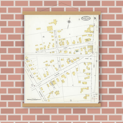 Old map wall art mockup — magnetic wood frame on brick wall — Sanborn Fire Insurance Map from Rockland, Plymouth County, Massachusetts (1917), Sheet #0009
