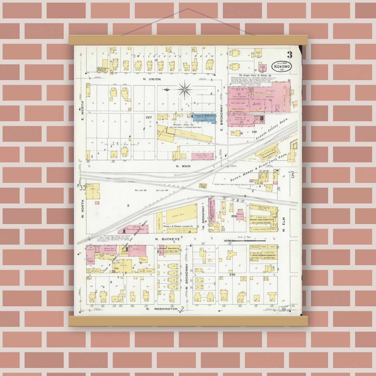 Old map wall art mockup — magnetic wood frame on brick wall — Sanborn Fire Insurance Map from Kokomo, Howard County, Indiana (1909), Sheet #0003