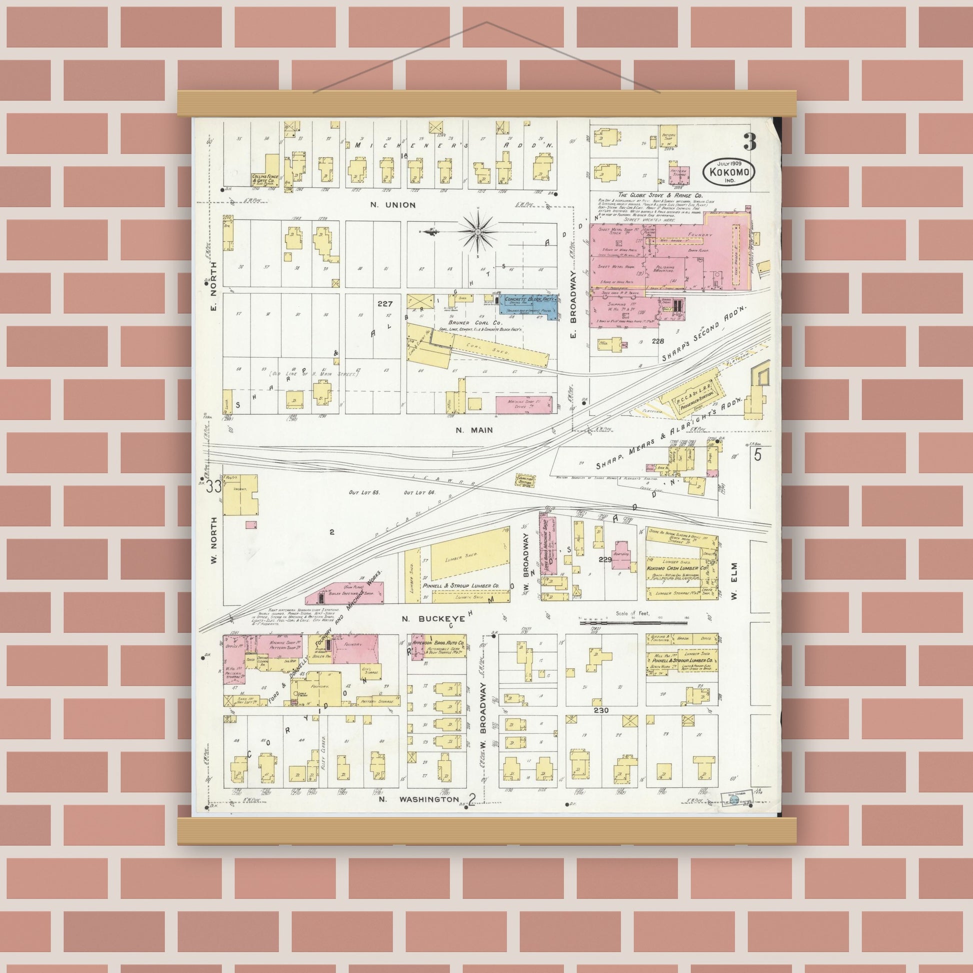 Old map wall art mockup — magnetic wood frame on brick wall — Sanborn Fire Insurance Map from Kokomo, Howard County, Indiana (1909), Sheet #0003
