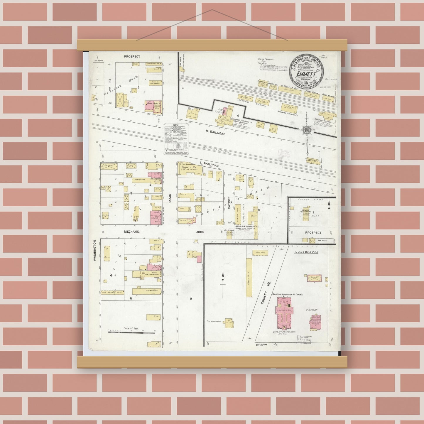 Old map wall art mockup — magnetic wood frame on brick wall — Sanborn Fire Insurance Map from Emmett, Saint Clair County, Michigan (1912), Sheet #0001