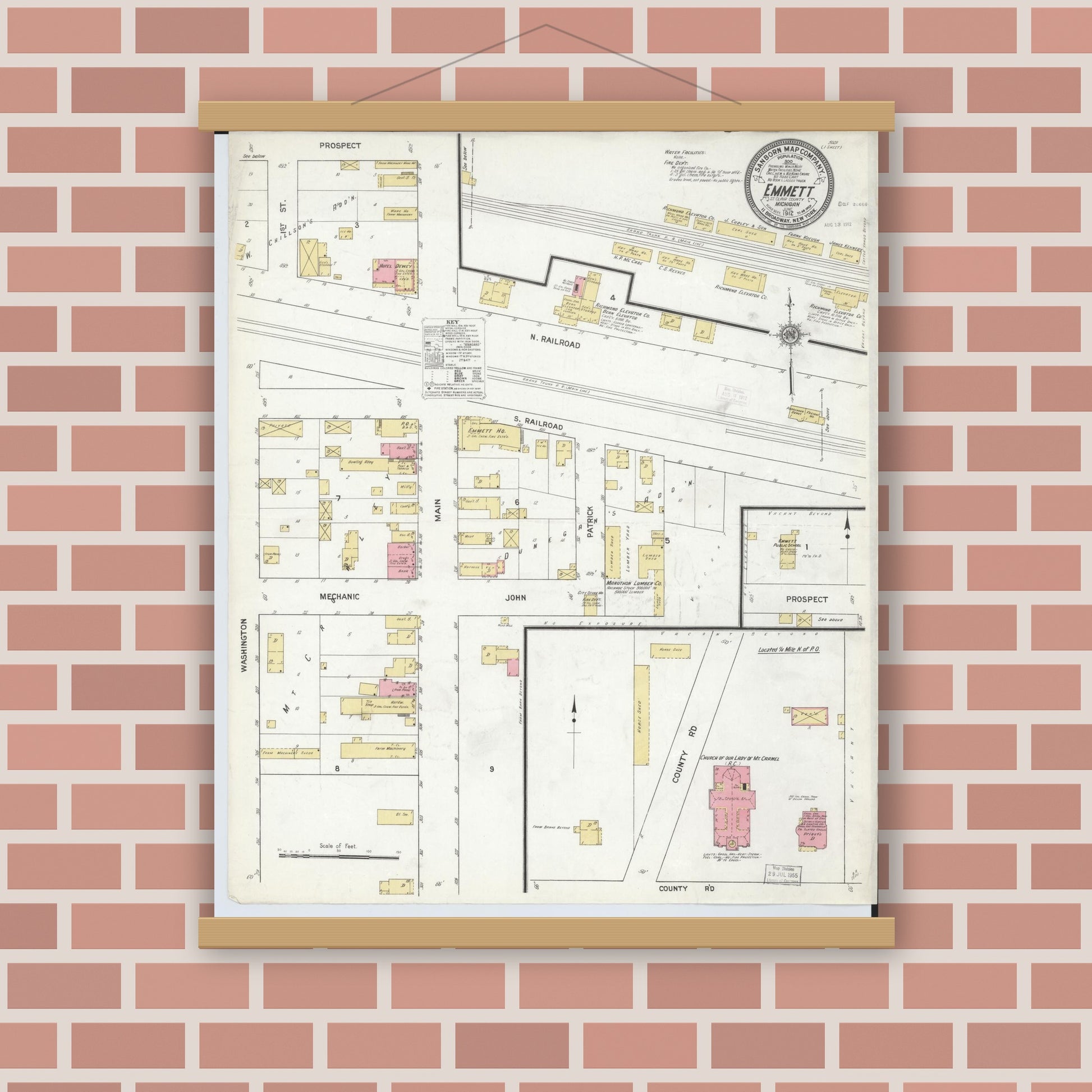 Old map wall art mockup — magnetic wood frame on brick wall — Sanborn Fire Insurance Map from Emmett, Saint Clair County, Michigan (1912), Sheet #0001