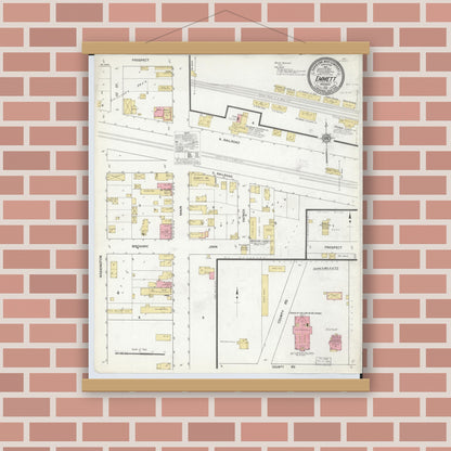 Old map wall art mockup — magnetic wood frame on brick wall — Sanborn Fire Insurance Map from Emmett, Saint Clair County, Michigan (1912), Sheet #0001