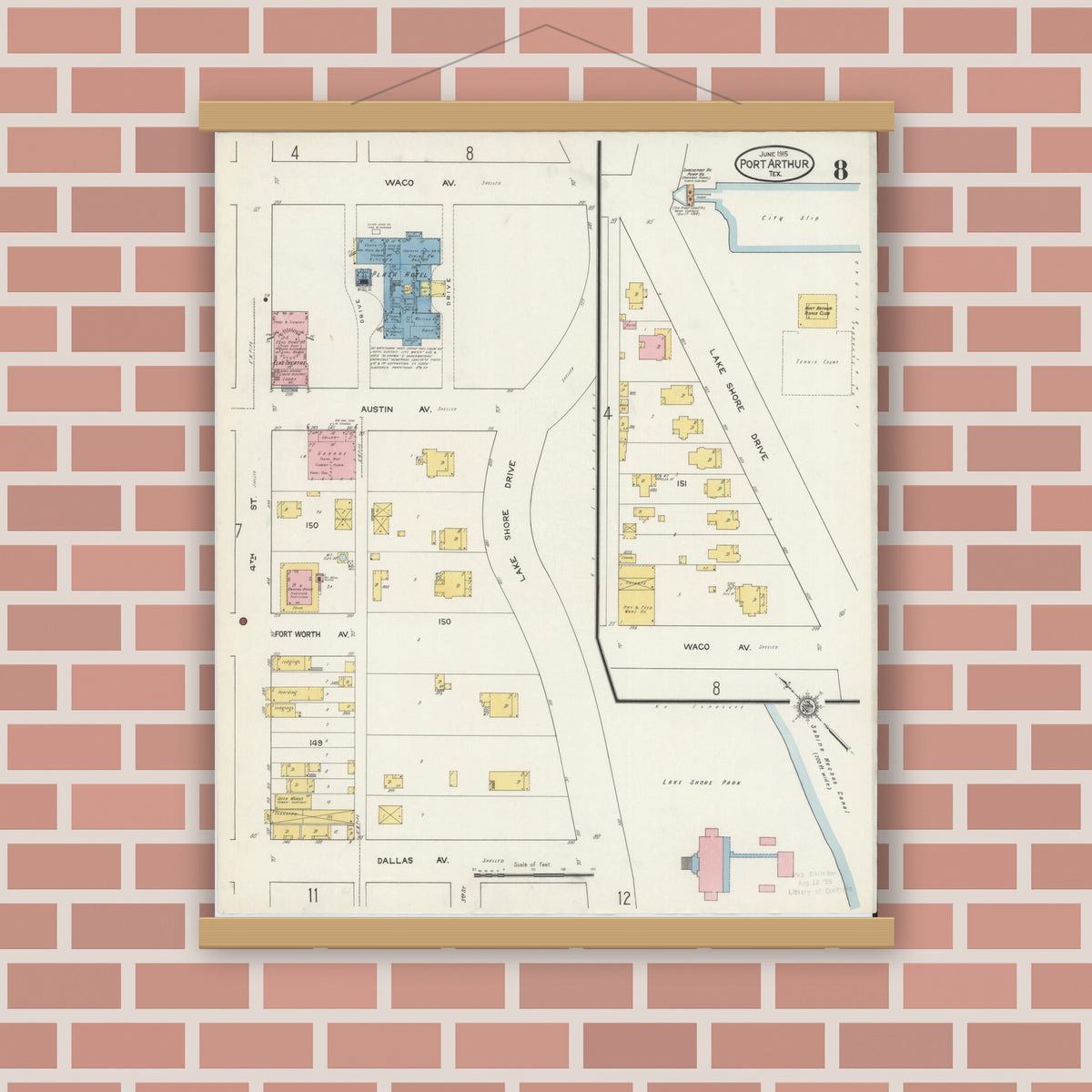 Old map wall art mockup — magnetic wood frame on brick wall — Sanborn Fire Insurance Map from Port Arthur, Jefferson County, Texas (1915), Sheet #0008