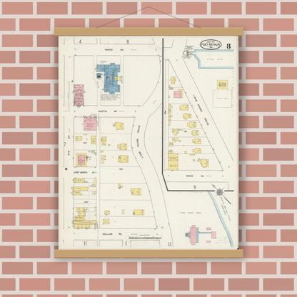 Old map wall art mockup — magnetic wood frame on brick wall — Sanborn Fire Insurance Map from Port Arthur, Jefferson County, Texas (1915), Sheet #0008