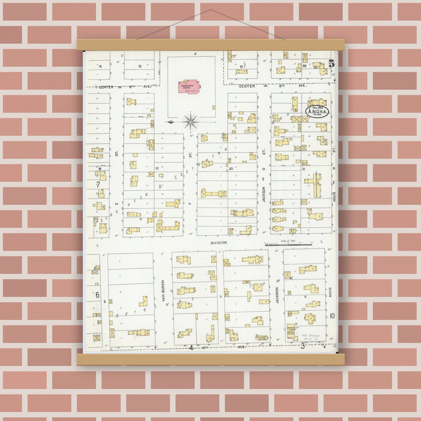 Old map wall art mockup — magnetic wood frame on brick wall — Sanborn Fire Insurance Map from Anoka, Anoka County, Minnesota (1904), Sheet #0005