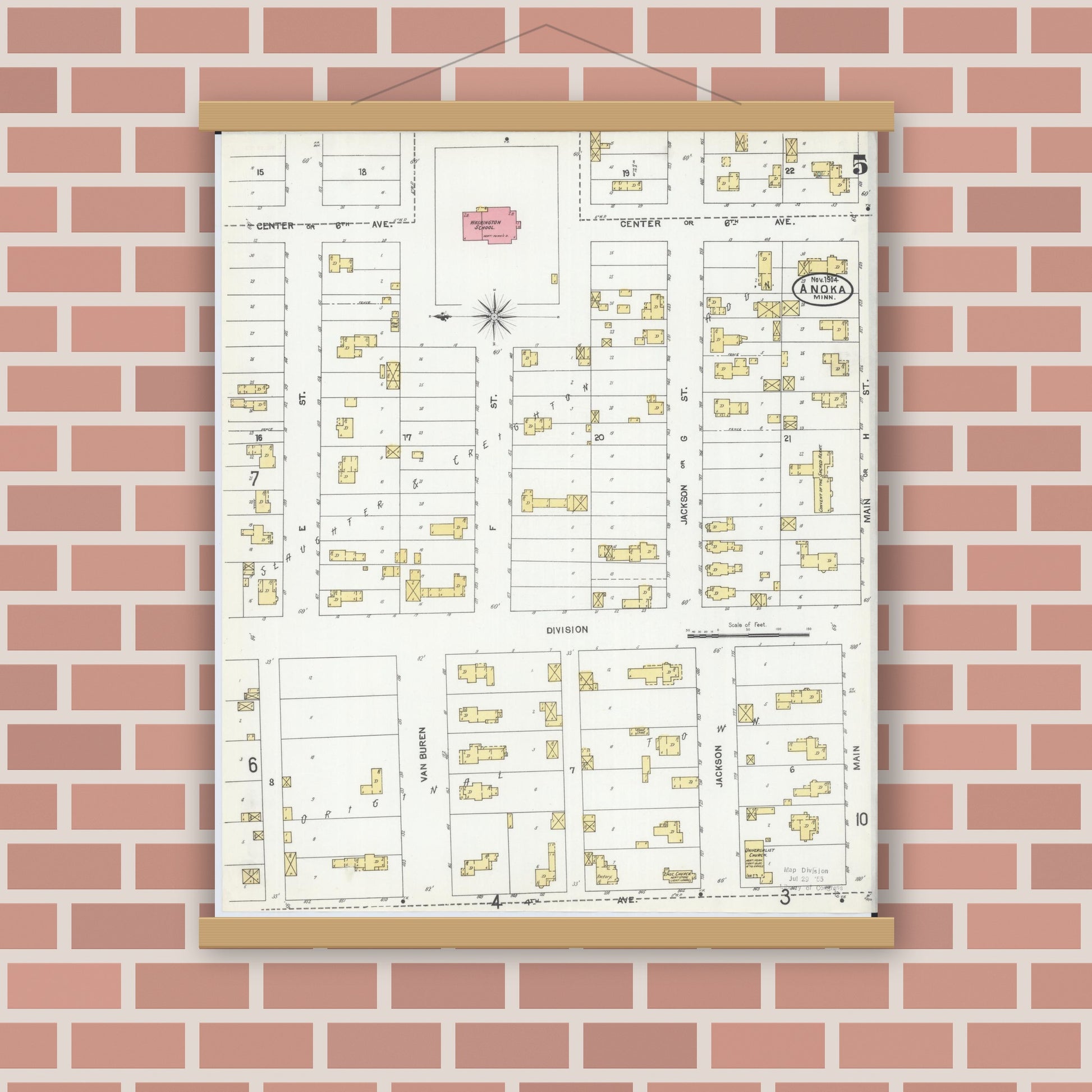 Old map wall art mockup — magnetic wood frame on brick wall — Sanborn Fire Insurance Map from Anoka, Anoka County, Minnesota (1904), Sheet #0005