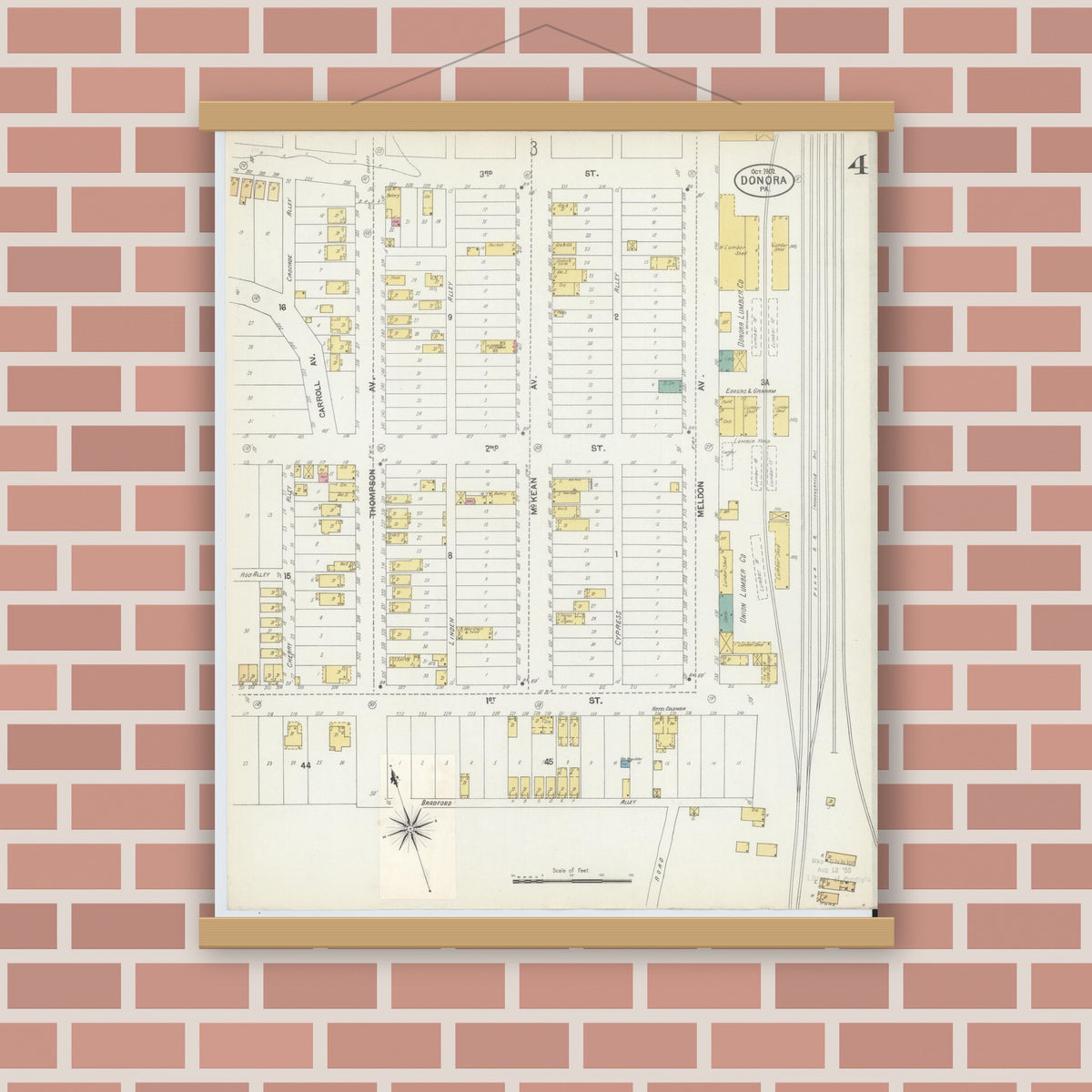 Old map wall art mockup — magnetic wood frame on brick wall — Sanborn Fire Insurance Map from Donora, Washington County, Pennsylvania (1902), Sheet #0004