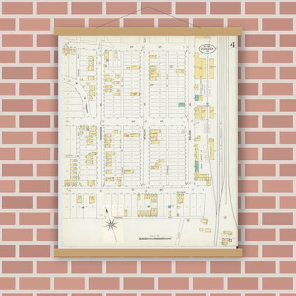 Old map wall art mockup — magnetic wood frame on brick wall — Sanborn Fire Insurance Map from Donora, Washington County, Pennsylvania (1902), Sheet #0004