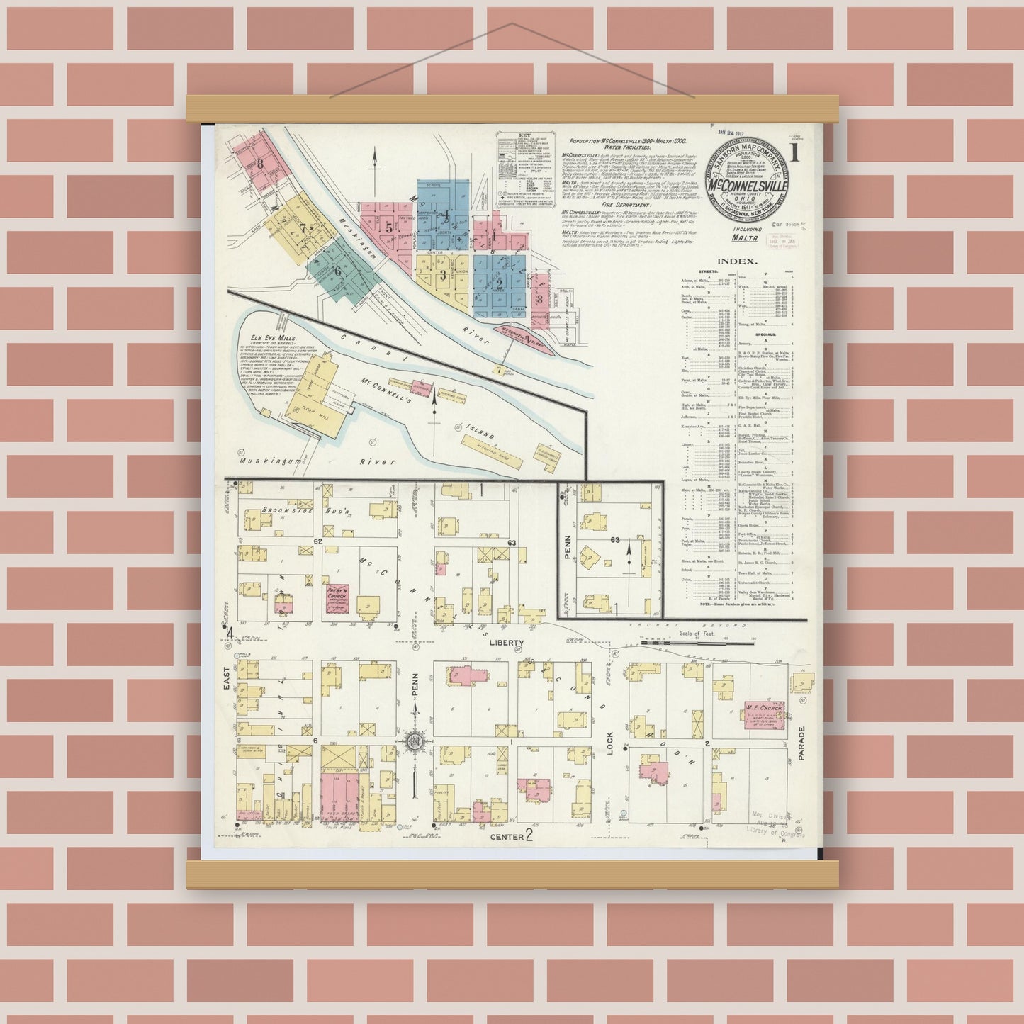 Old map wall art mockup — magnetic wood frame on brick wall — Sanborn Fire Insurance Map from McConnelsville, Morgan County, Ohio (1911) - Complete Map Set