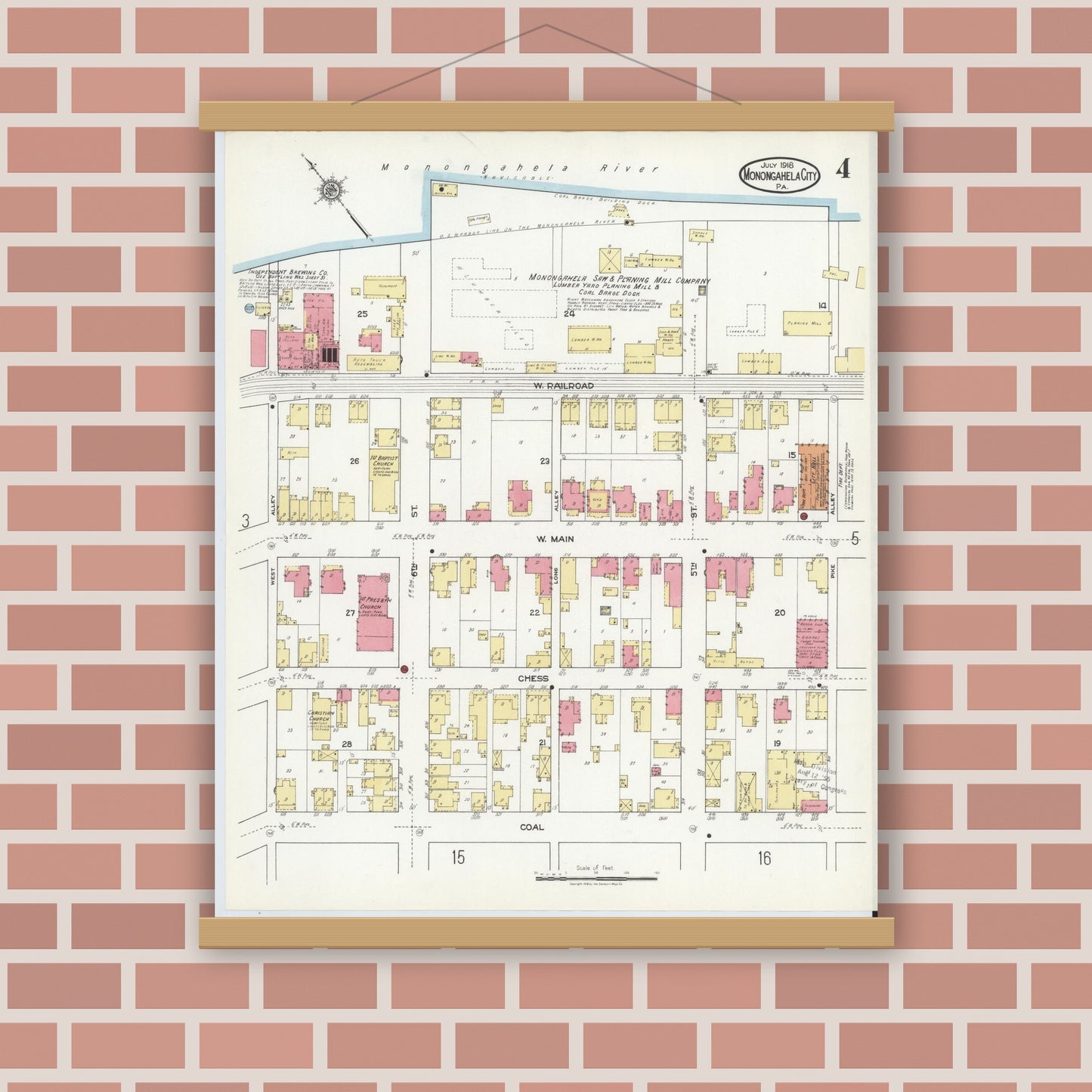 Old map wall art mockup — magnetic wood frame on brick wall — Sanborn Fire Insurance Map from Monongahela City, Washington County, Pennsylvania (1918), Sheet #0004