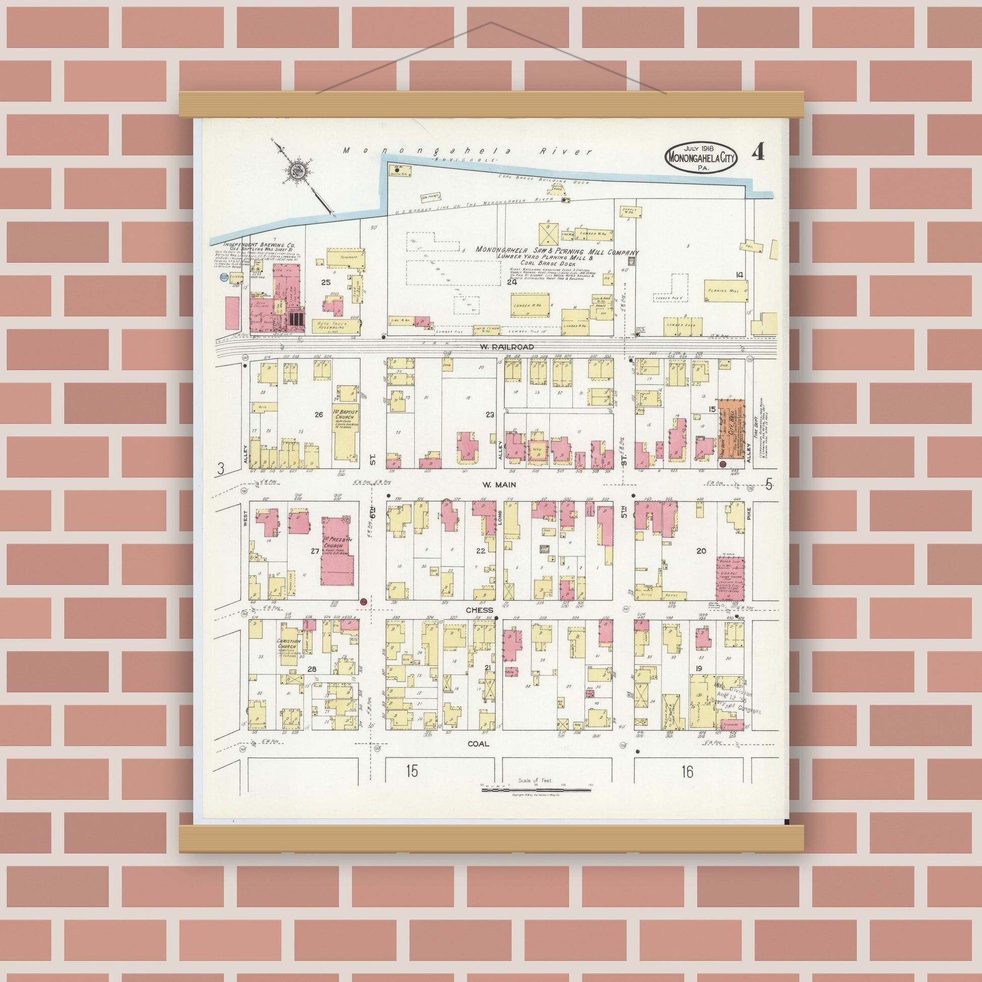 Old map wall art mockup — magnetic wood frame on brick wall — Sanborn Fire Insurance Map from Monongahela City, Washington County, Pennsylvania (1918), Sheet #0004