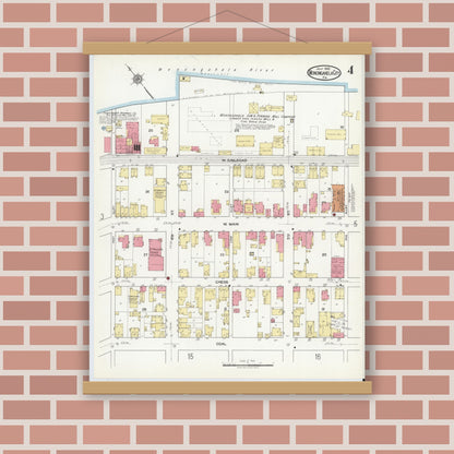 Old map wall art mockup — magnetic wood frame on brick wall — Sanborn Fire Insurance Map from Monongahela City, Washington County, Pennsylvania (1918), Sheet #0004