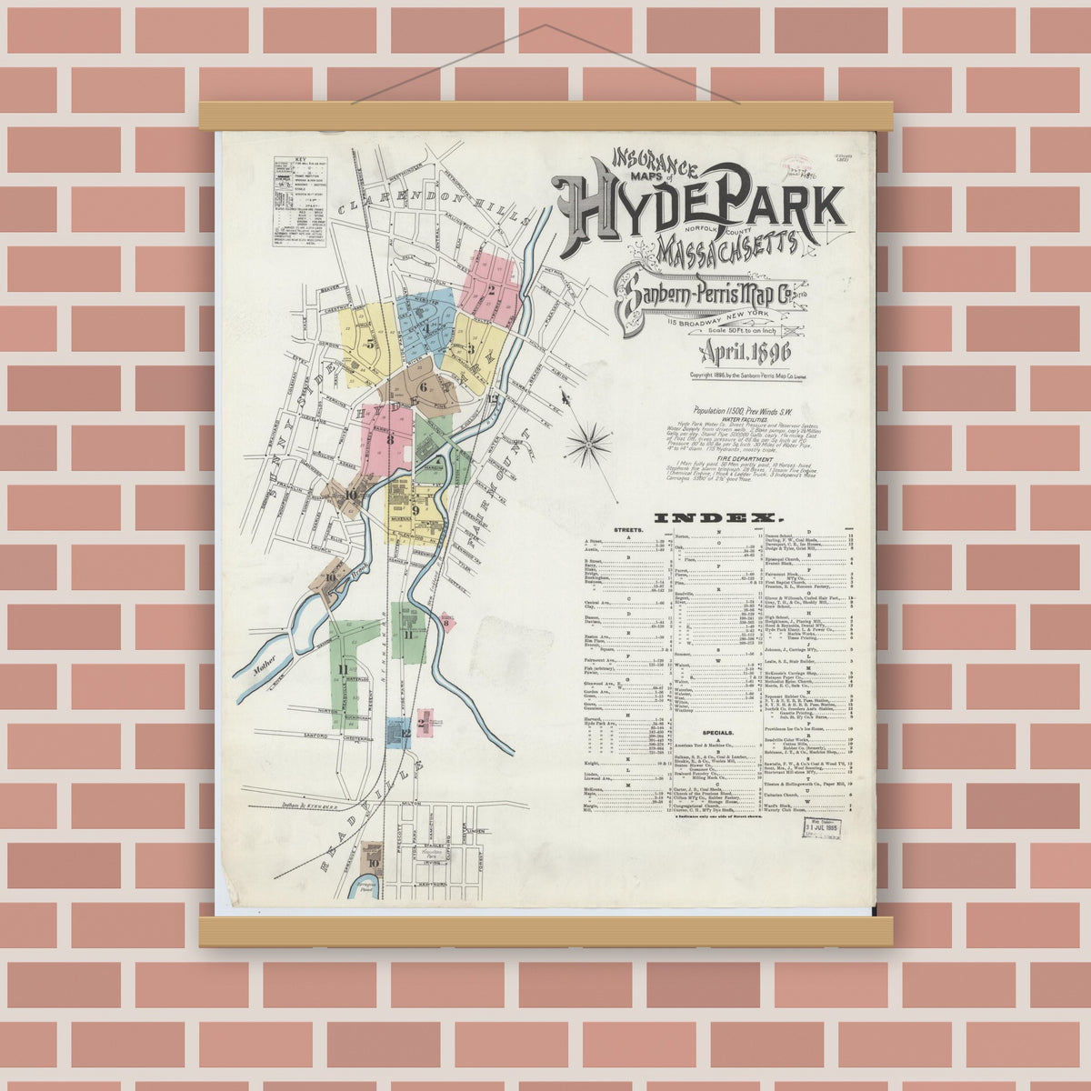 Old map wall art mockup — magnetic wood frame on brick wall — Sanborn Fire Insurance Map from Hyde Park, Norfolk County, Massachusetts (1896) - Complete Map Set