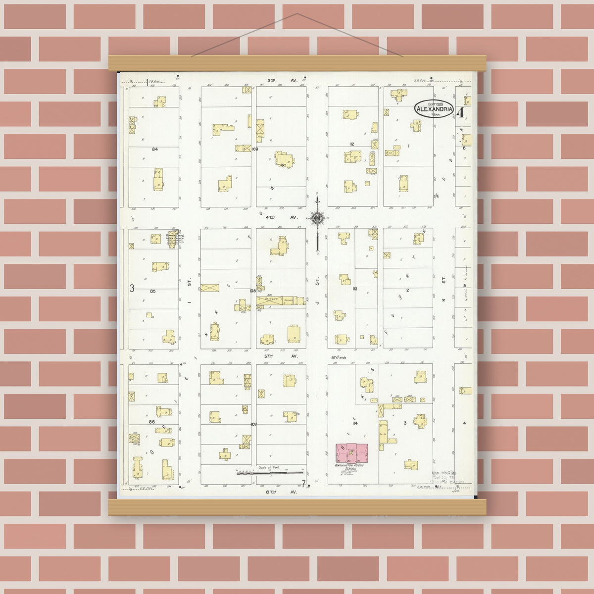 Old map wall art mockup — magnetic wood frame on brick wall — Sanborn Fire Insurance Map from Alexandria, Douglas County, Minnesota (1909), Sheet #0004