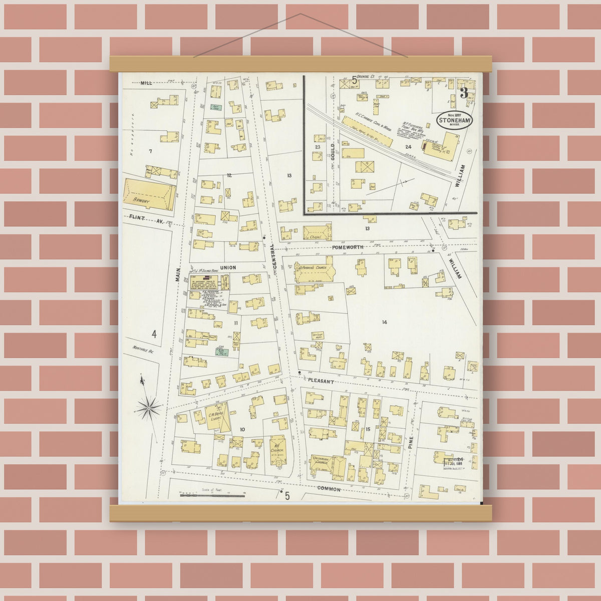 Old map wall art mockup — magnetic wood frame on brick wall — Sanborn Fire Insurance Map from Stoneham, Middlesex County, Massachusetts (1897), Sheet #0003