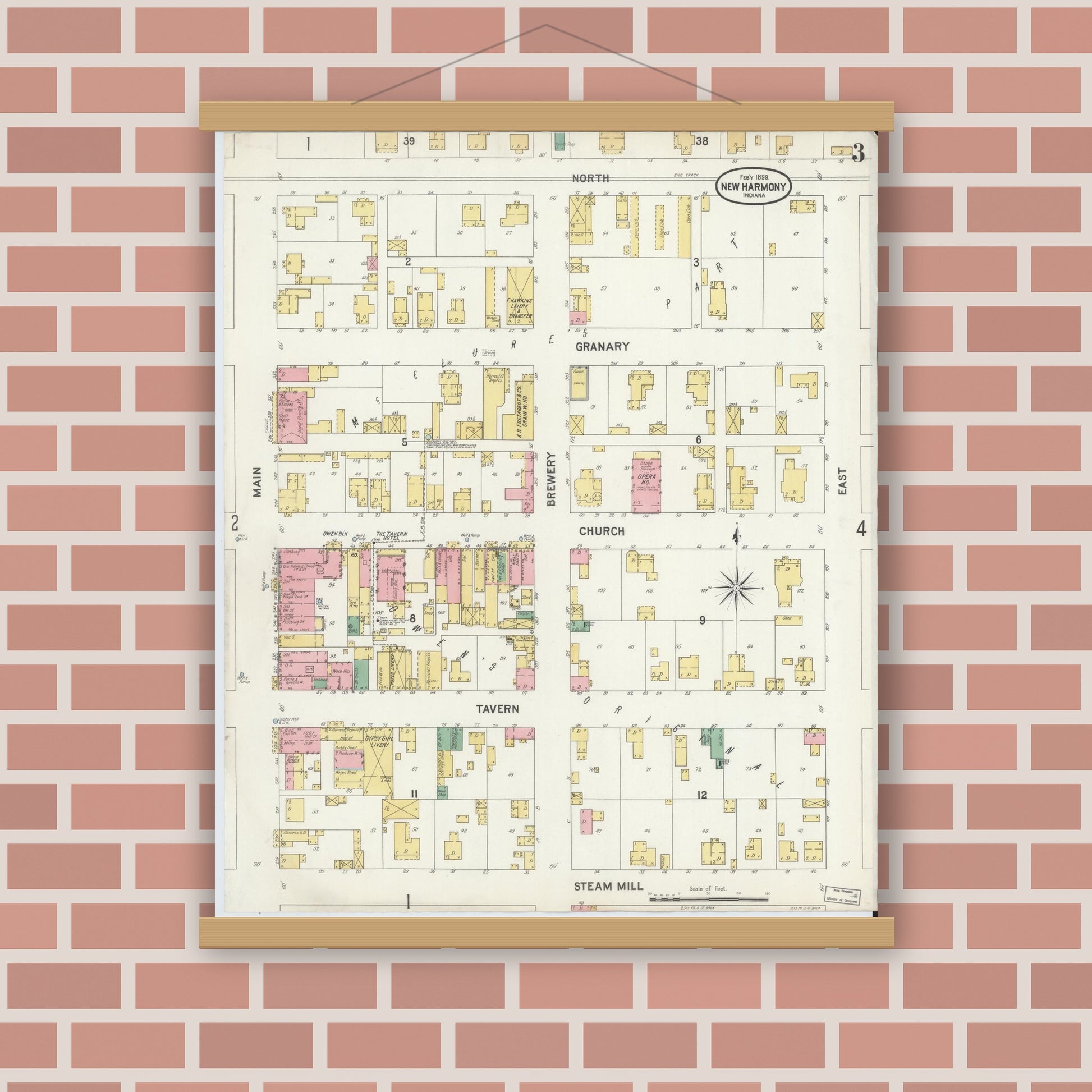 Old map wall art mockup — magnetic wood frame on brick wall — Sanborn Fire Insurance Map from New Harmony, Posey County, Indiana (1899), Sheet #0003
