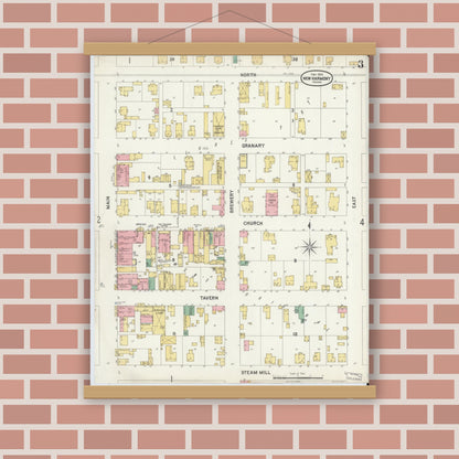 Old map wall art mockup — magnetic wood frame on brick wall — Sanborn Fire Insurance Map from New Harmony, Posey County, Indiana (1899), Sheet #0003