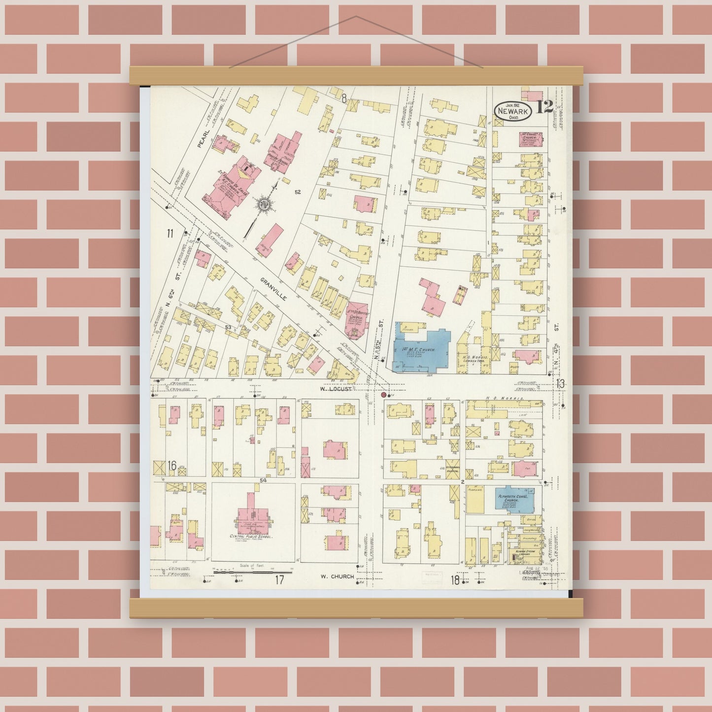 Old map wall art mockup — magnetic wood frame on brick wall — Sanborn Fire Insurance Map from Newark, Licking County, Ohio (1912), Sheet #0012