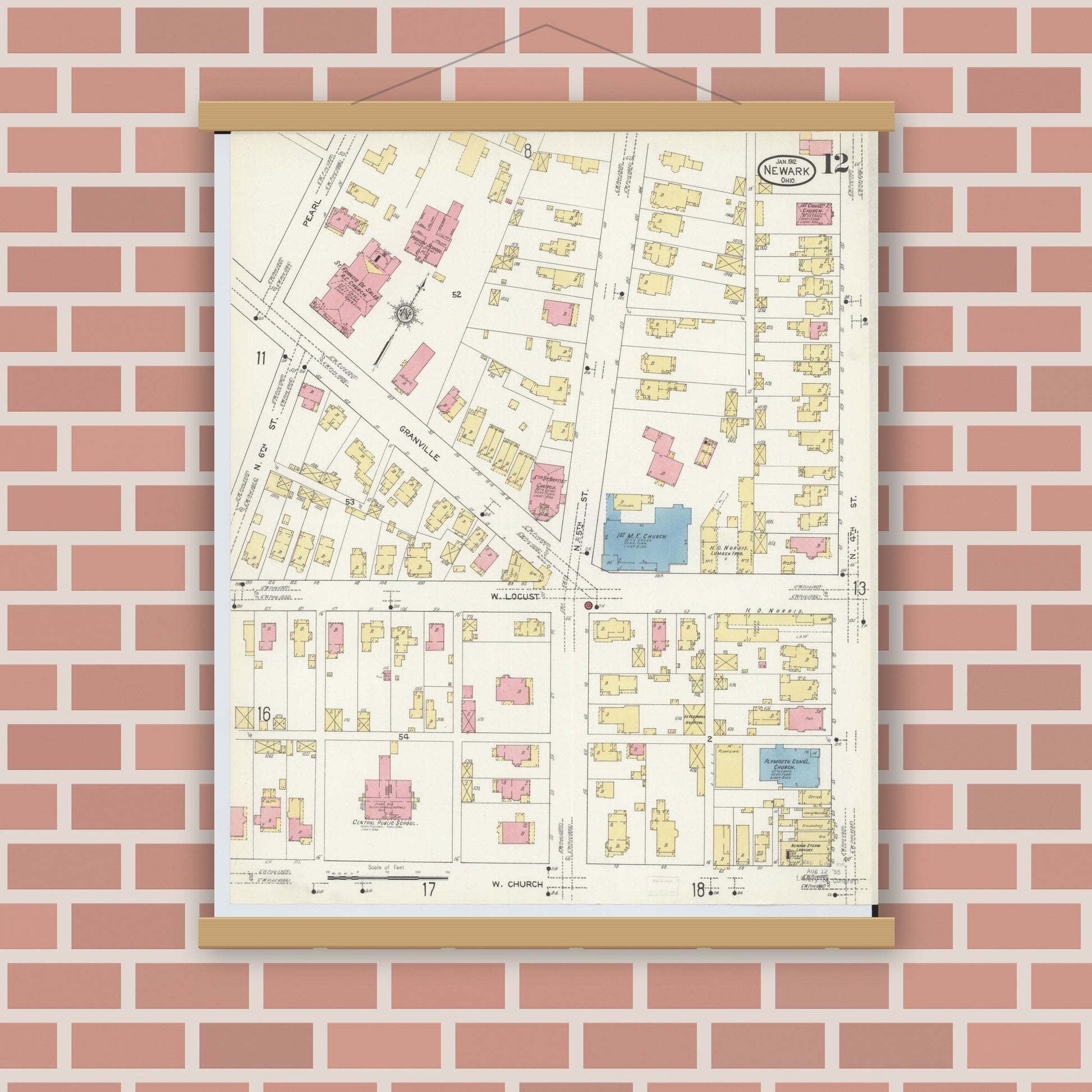 Old map wall art mockup — magnetic wood frame on brick wall — Sanborn Fire Insurance Map from Newark, Licking County, Ohio (1912), Sheet #0012