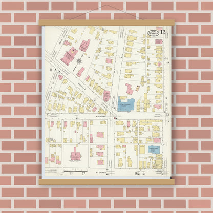 Old map wall art mockup — magnetic wood frame on brick wall — Sanborn Fire Insurance Map from Newark, Licking County, Ohio (1912), Sheet #0012